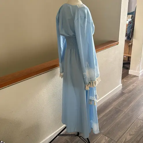 None Blue bohemian Tassle fringe Maxi Dress with birds