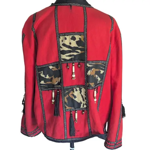 Vintage Allure Maximalist Jacket M Red Animal Print Patchwork Tassel Size M
