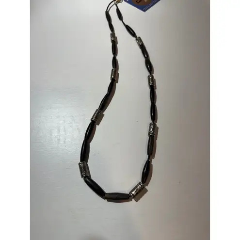 Wood Bead Necklace with Silver Tone Accent Beads – Boho Jewelry Black