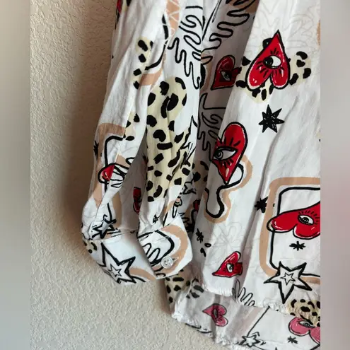 Milk & Honey Abstract Heart and Animal Print Button Down Pocketed Blouse M Black Size M