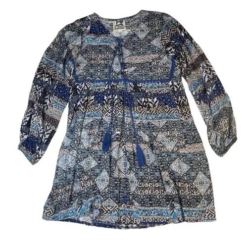 Jaase Blue Floral Babydoll Long Sleeve Boho Tassels Flare Dress Size LARGE