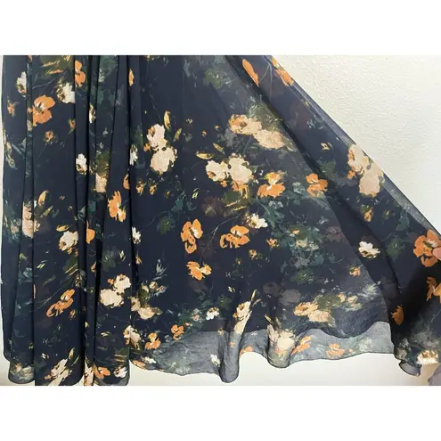 Aritzia Wilfred XS Navy Blue Floral Wrap Dress Flowy Boho Romantic Midi Fairy