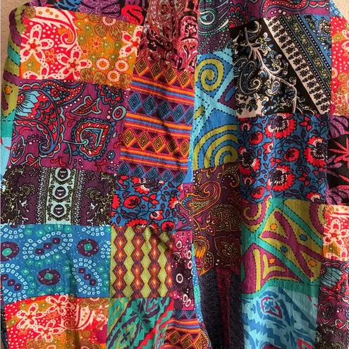 Bohemian Colorful Patchwork Suspender Jumpsuit Wide Leg S Blue