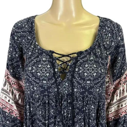 American Eagle  Womens Tunic Mini Dress Long Sleeves Boho Peasant Blue Pink XS