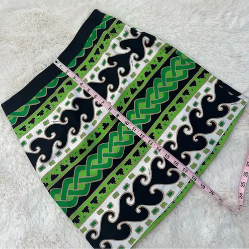 Milly 100% Silk Green Black Geometric Side Zip Mini Skirt, 6 bronze cream celtic