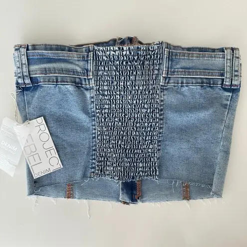 Denim Strapless Tube Top Womens Large Bustier Corset Belted Zip Blue