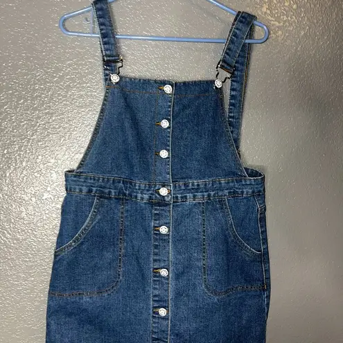 Women’s Denim Overall Dress Medium Button Front Jean Jumper Skirt Casual 34” White
