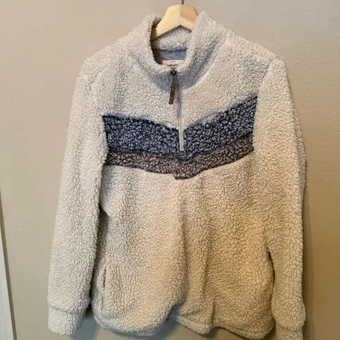 Weatherproof 1/4 Zip Womens L Cozy Pullover Sherpa Type Cream Blue Gray Chevron