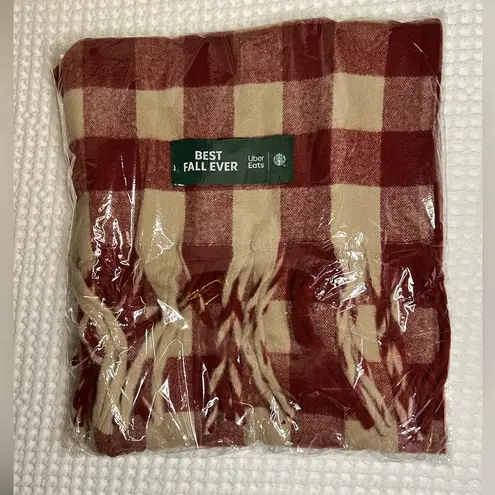 Starbucks Scarf Uber Eats x Red Beige Best Fall Ever Fringe Buffalo Plaid B2