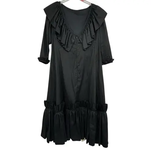 1950s Vintage Black Ruffle Midi Dress Handmade by Saks Fifth Avenue Seamstress Size 8