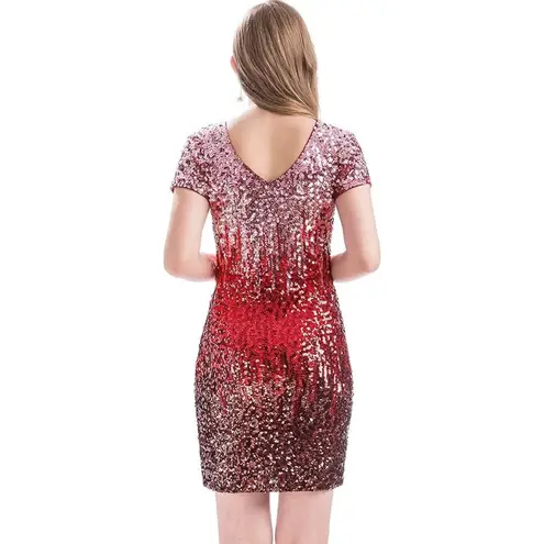Maner Ombre Sequin Short Sleeve Bodycon Mini Dress Pink Red Black Small