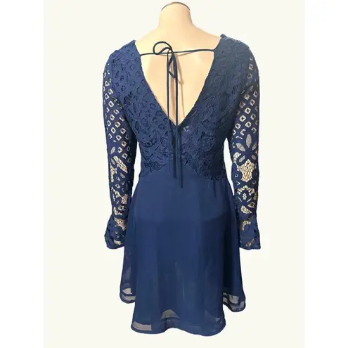 Navy Blue Lace Long Sleeve VNeck Lace Chiffon Dress Flared Sleeves Back Tie Sz S