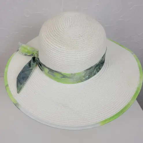 Sun n Sand Womens Sun Hat White Green Tie Dye Ribbon Trim Wide Brim Beach Summer