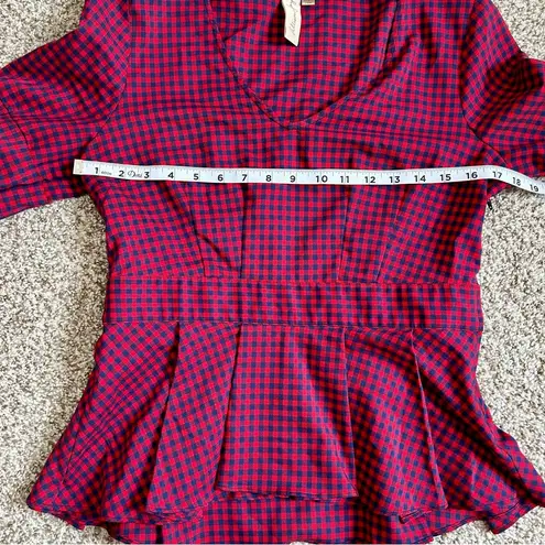 Allison Joy 🦋  Red Blue Plaid Puff Sleeve Balloon Long Sleeve Peplum Blouse