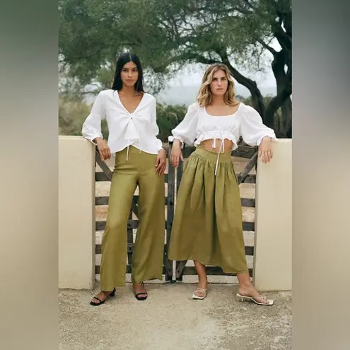 arkitaip Clara Flared Linen Trousers Willow Green High Rise 100% Belgian Linen Size L