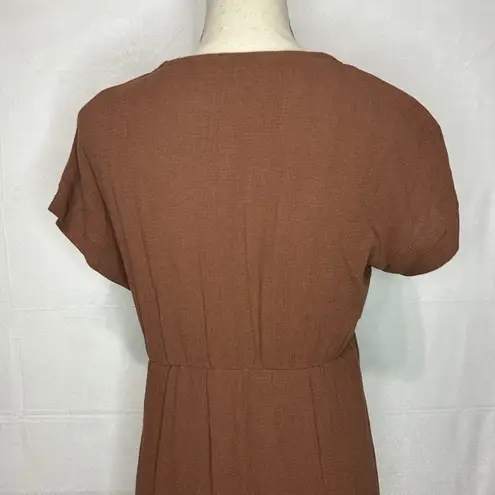 Fourteen & 9th V-Neck Button Front Cap Sleeve Linen Blend Dress Brown Sz M NWT