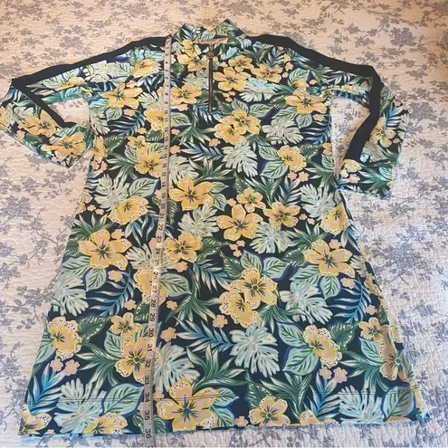 Stella Parker Mock Neck Yellow and Navy Tropical Print Sun Dress Size Large Blue
