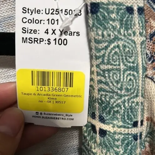 Suzanne Betro Taupe & Arcadia Green Geometric Kimono – Size 4X