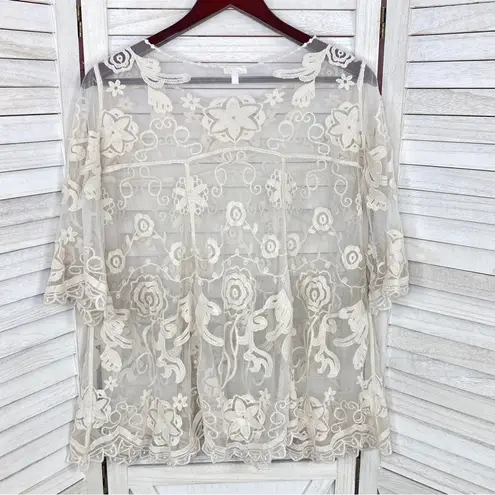 En Crème Boho Sheer Embroidery Lace Pullover Blouse Cream Medium