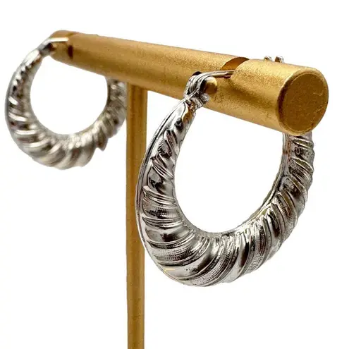 Sterling Silver Puffy Twist Scalloped Shrimp Hoops Textured 7/8 Inch