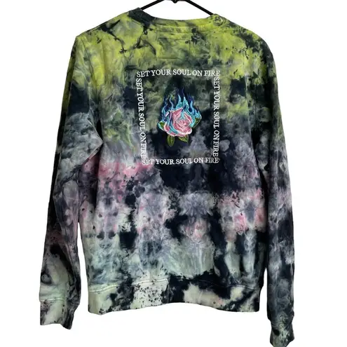 Blind Rooster Sweatshirt Medium Pullover Tie Dye Floral Embroidered Soul On Fire Blue