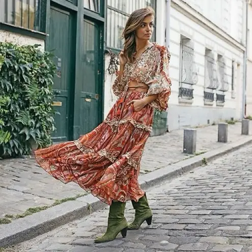 Miss June PARIS Helena boho peasant floral tassel tie blouse One size fits Most Red