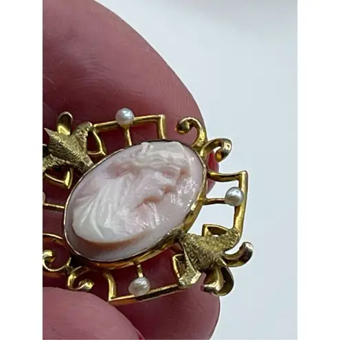 Antique 10K gold real carved cameo Edwardian stamped vintage seed pearls Pink