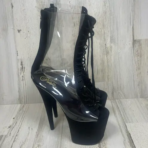 Pleaser Flamingo 800 Peep Toe Mid Calf Boots size 10 Clear Black Stripper Dancer