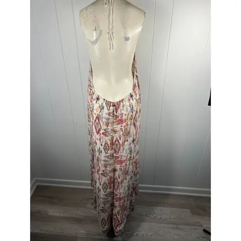 Billabong  Beige Shine On Geo Print Low Back Breezy Crochet Halter Maxi Dress Med