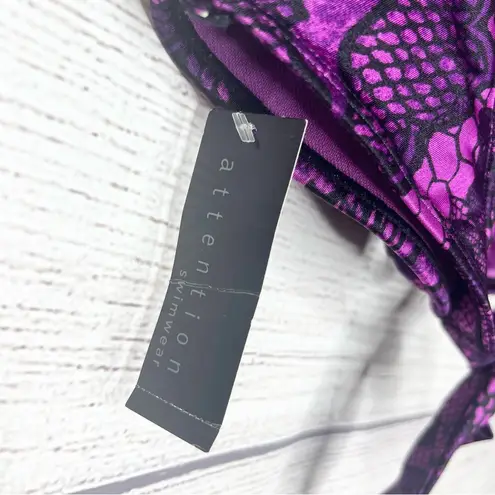 Attention NWT Purple & Black Floral Lace Print Chain Halter Bikini Top Size XL