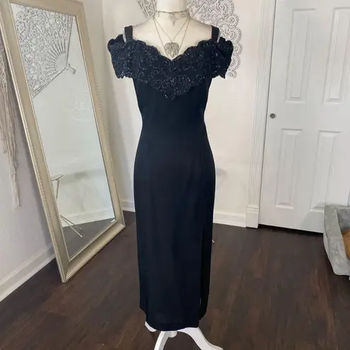 Vintage Made in USA Black Romantic Goth Off Shoulder Sequin Lace Midi Dress M Size M