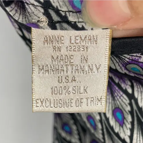 Anne Leman Black Purple Peacock Feather Print Strappy 100% Silk Flowy Dress Size 2