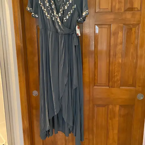 NWT Jodiel Embroidered Floral Wrap Top High Low Blue Dress Women’s L Size L