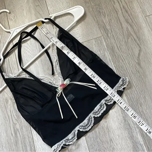 Sheer Lace Tank Top bow rose crop sheer halter womens Black small y2k going out