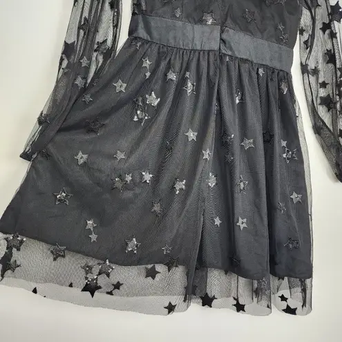 Women Sequin Star Print Black Tulle Dress Mesh See