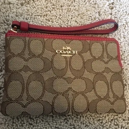 Coach  signature canvas corner zip wristlet red, brown, khaki NWOT