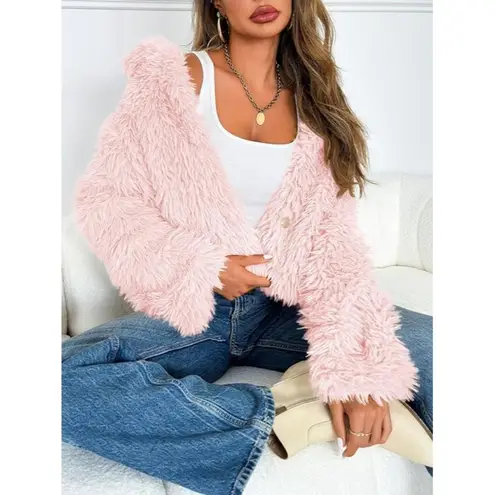 Cropped Faux Fur Coat Medium Pink Pockets Button Down Fluffy Jacket Plush NEW