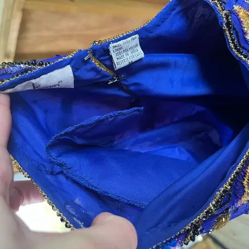 Laurence Kazar Vintage Royal Blue Beaded 100% Silk Evening Blouse Size M