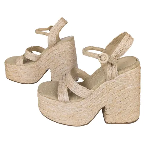 LARROUDE Carmen Raffia Platform Heeled Sandal Beige Open Toe Women's 10 Tan