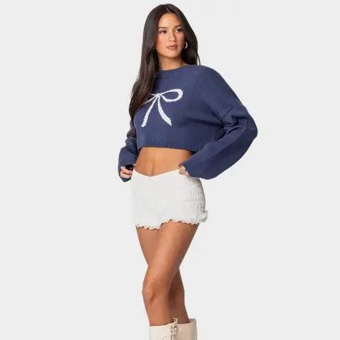 Edikted Knit Bow Cropped Sweater Women's XS/S Navy Boho Dainty Coquette Girl