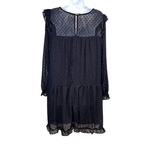 Midnight Doll Sheer Navy Blue Dotted Tier Ruffle Dress Long Sleeves Size L Romantic Whimsy