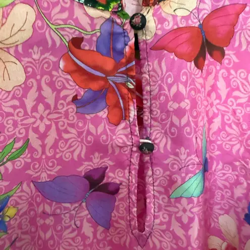 Johnny Was Bouquet Frame Parade Blouse Tunic Silk Pink Butterfly Floral Small