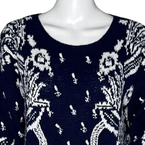 Jennifer Reed Sweater Womens Small Navy Blue White Floral Knitted by Hand Boho