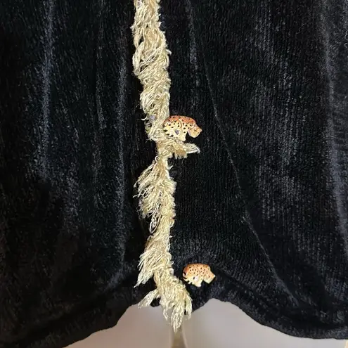 That Sweater Vintage 1990s Black Velour Cardigan Sequined Leopards Fringe Large