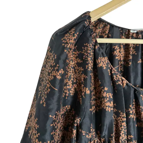 Rebecca Taylor Arden Black Floral Blouson Sleeve Scoop Ruched Silk Midi Dress XS