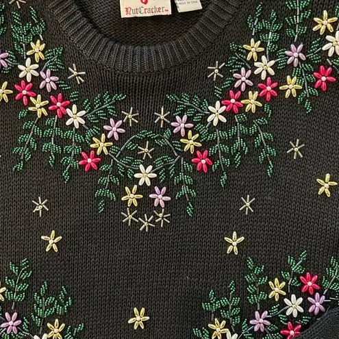 NUTCRACKER Vintage 3D Beaded Floral Long Oversized Crewneck Sweater Black Size S