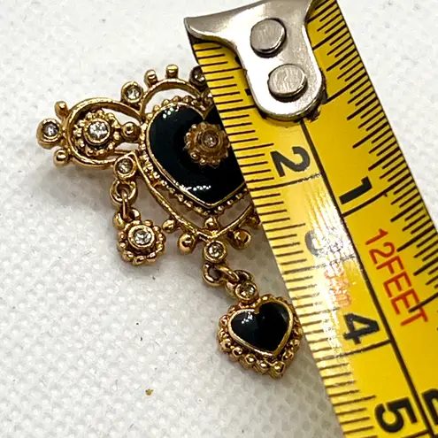 Vintage Victorian Art Deco Heart Rhinestone With Black Enamel Brooch Pin