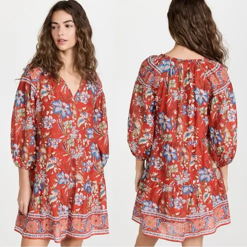 Velvet Lilah Dress in Rouge Medium Bohemian Indian Cotton 70s Floral Summer Red