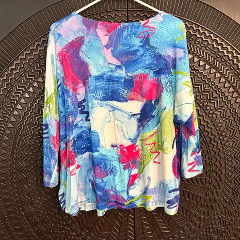 Ali Miles Multicolor Abstract 3/4 Sleeve Top XLP Artsy Lagenlook Embellished Blue Size undefined