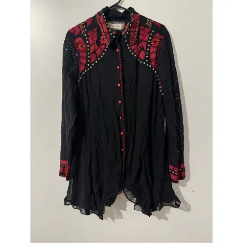 Vintage Collections western boho embroidered crochet floral lace sheer tunic / d Red Size XL